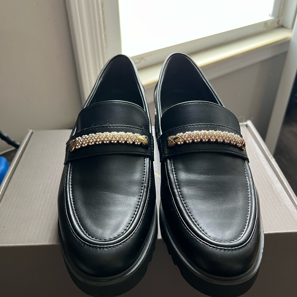 Franco Sarto Black Flats with Gold Hardware